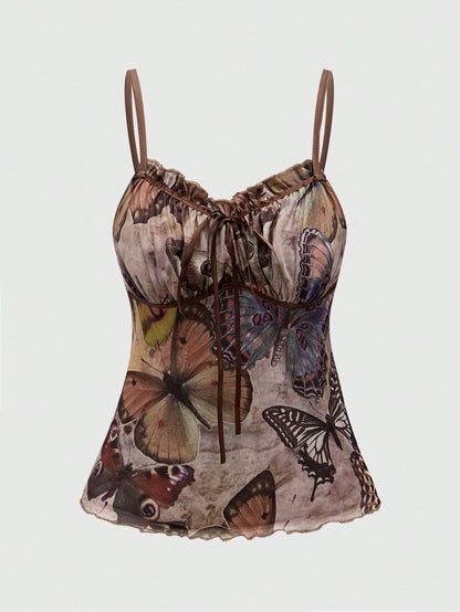 ROMWE Fairycore Plus Size Summer Casual Retro Butterfly Print Camisole