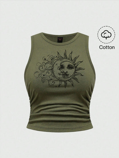 ROMWE Fairycore Spring/Summer Casual Graphic Plus Size Hippie Sun Cute Vacation Elastic Ruched Green Tank Top Suitable For Going Out,Back To School