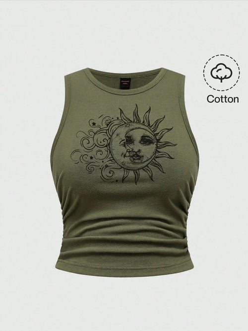 ROMWE Fairycore Spring/Summer Casual Graphic Plus Size Hippie Sun Cute Vacation Elastic Ruched Green Tank Top Suitable For Going Out,Back To School