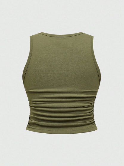 ROMWE Fairycore Spring/Summer Casual Graphic Plus Size Hippie Sun Cute Vacation Elastic Ruched Green Tank Top Suitable For Going Out,Back To School