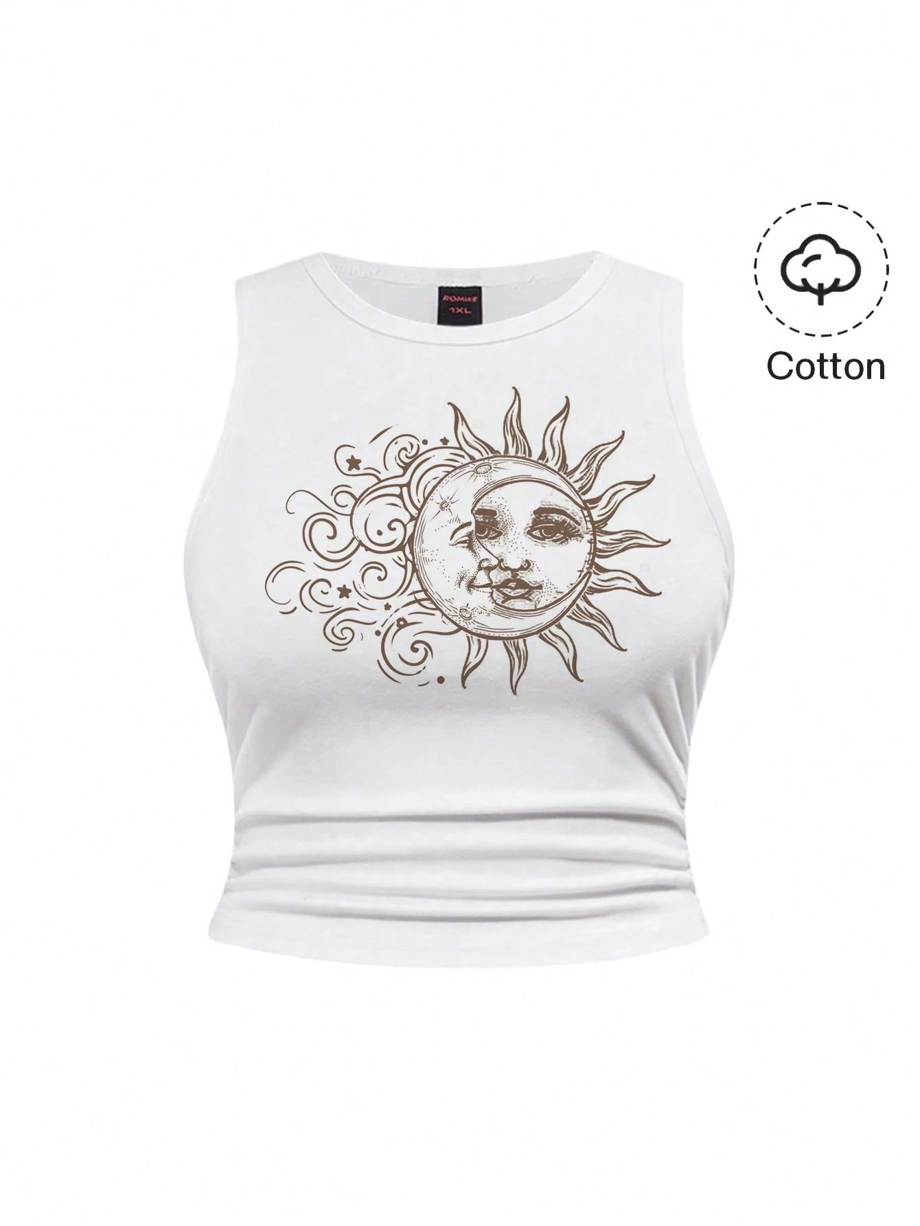 ROMWE Fairycore Spring/Summer Casual Graphic Plus Size Hippie Sun Cute Vacation Elastic Ruched Green Tank Top Suitable For Going Out,Back To School