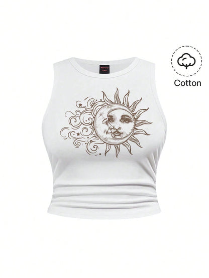 ROMWE Fairycore Spring/Summer Casual Graphic Plus Size Hippie Sun Cute Vacation Elastic Ruched Green Tank Top Suitable For Going Out,Back To School