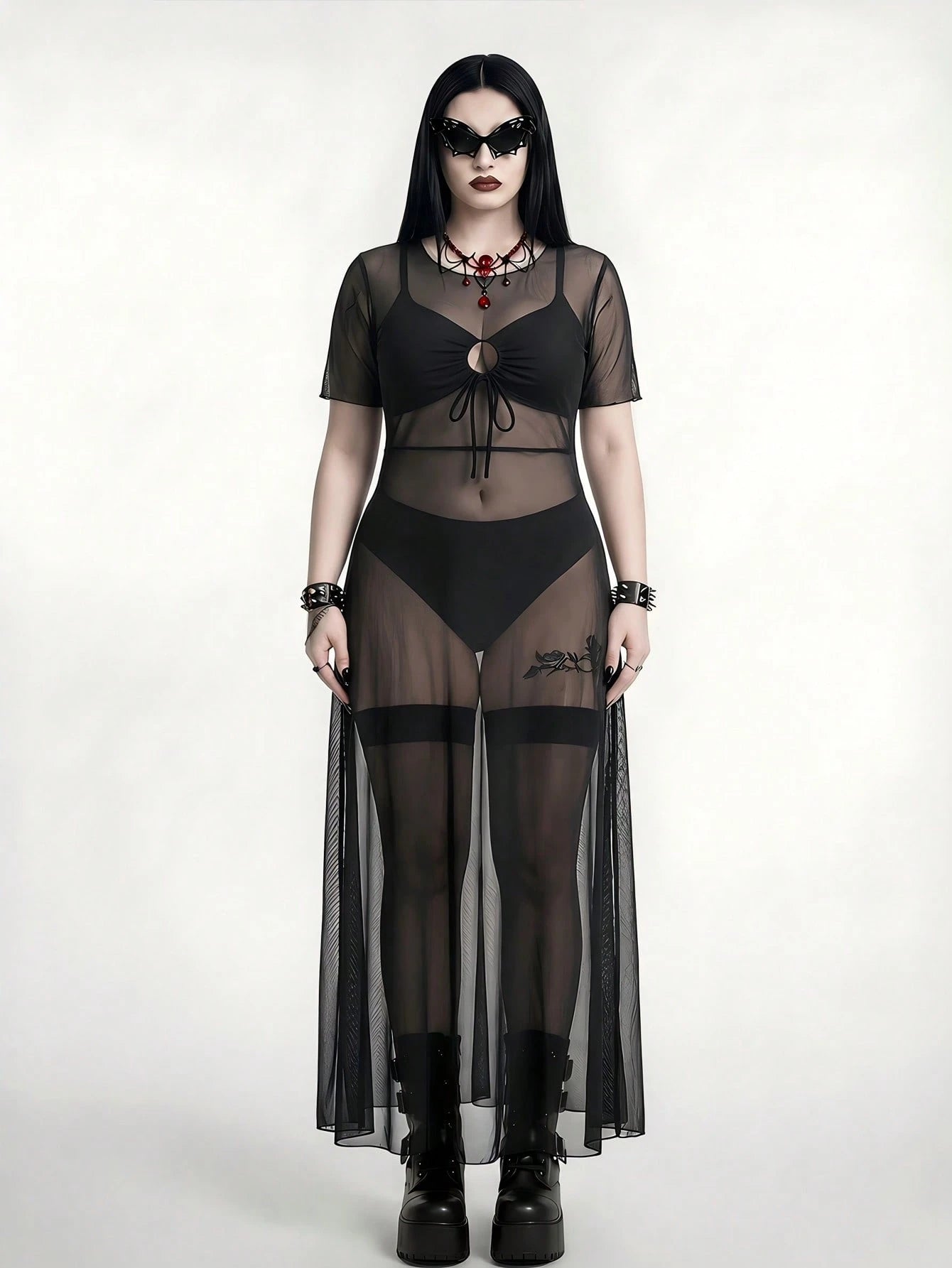 ROMWE Goth Plus Size Women Swimsuit Cover Up Mesh Tunic Dress, Long Sleeve Maxi Dress For Beach Party, Pool, Vacation Summer Sexy
