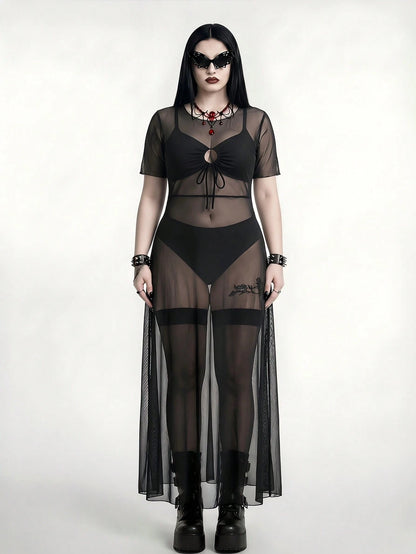 ROMWE Goth Plus Size Women Swimsuit Cover Up Mesh Tunic Dress, Long Sleeve Maxi Dress For Beach Party, Pool, Vacation Summer Sexy