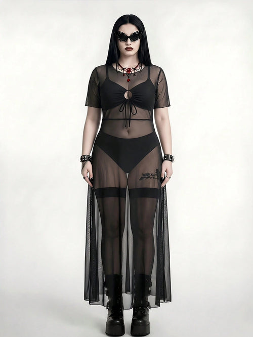 ROMWE Goth Plus Size Women Swimsuit Cover Up Mesh Tunic Dress, Long Sleeve Maxi Dress For Beach Party, Pool, Vacation Summer Sexy