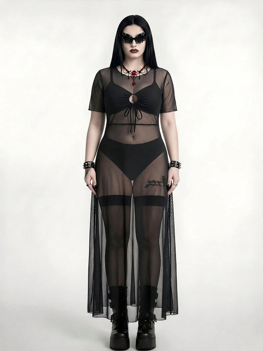ROMWE Goth Plus Size Women Swimsuit Cover Up Mesh Tunic Dress, Long Sleeve Maxi Dress For Beach Party, Pool, Vacation Summer Sexy