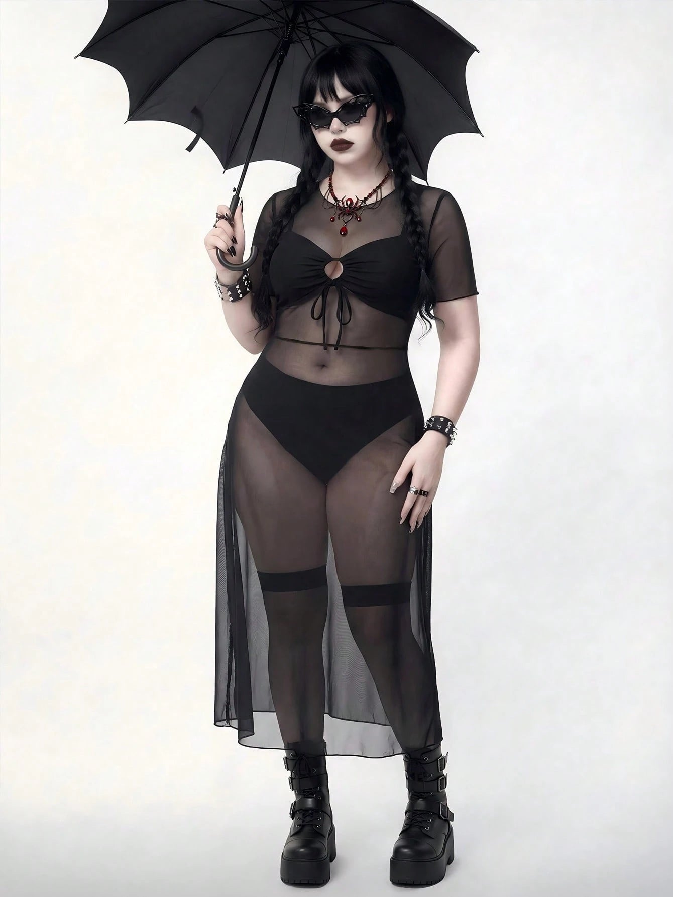 ROMWE Goth Plus Size Women Swimsuit Cover Up Mesh Tunic Dress, Long Sleeve Maxi Dress For Beach Party, Pool, Vacation Summer Sexy