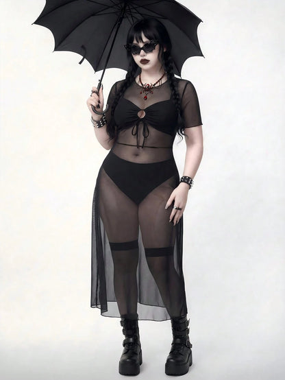 ROMWE Goth Plus Size Women Swimsuit Cover Up Mesh Tunic Dress, Long Sleeve Maxi Dress For Beach Party, Pool, Vacation Summer Sexy