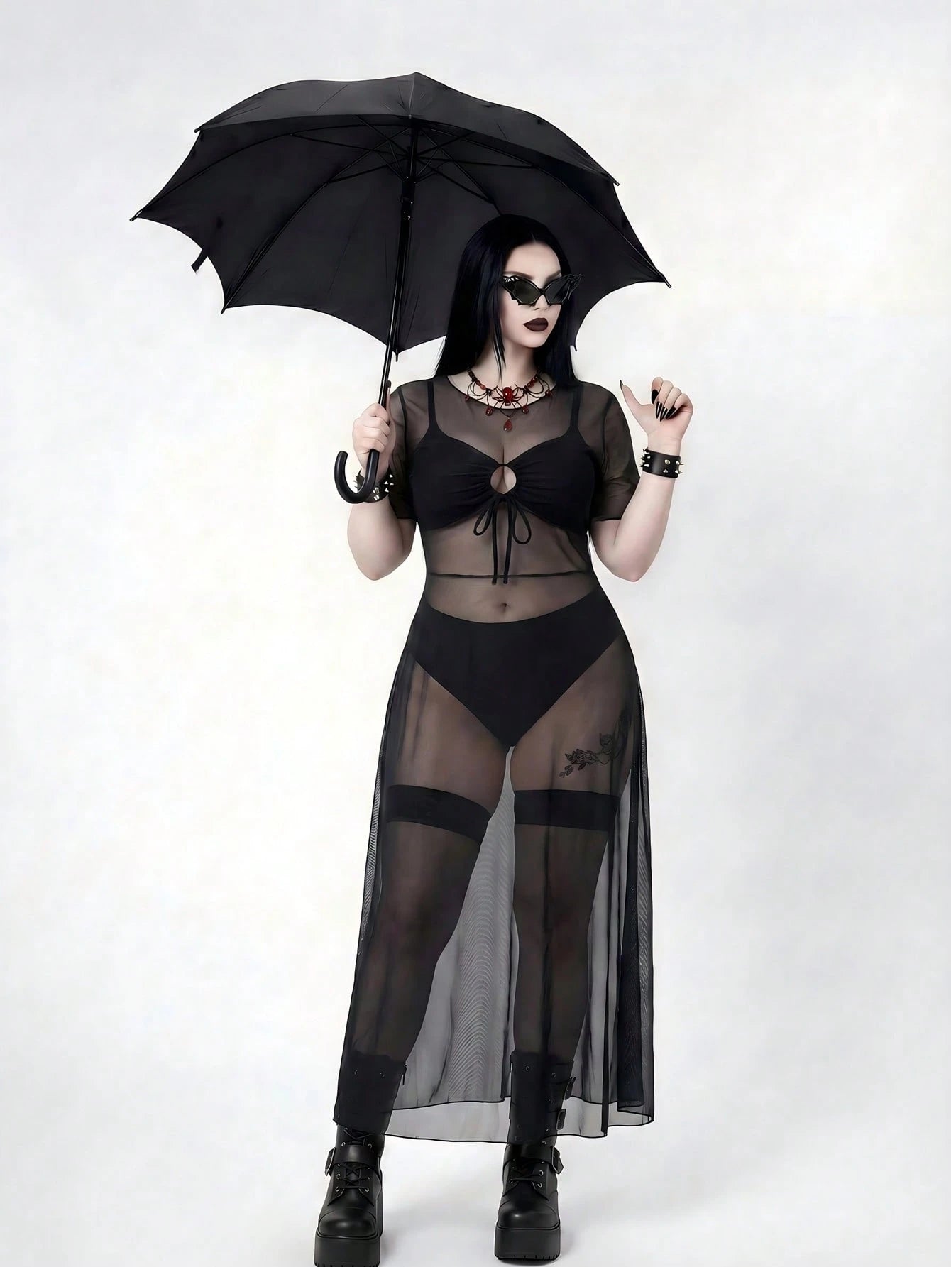 ROMWE Goth Plus Size Women Swimsuit Cover Up Mesh Tunic Dress, Long Sleeve Maxi Dress For Beach Party, Pool, Vacation Summer Sexy