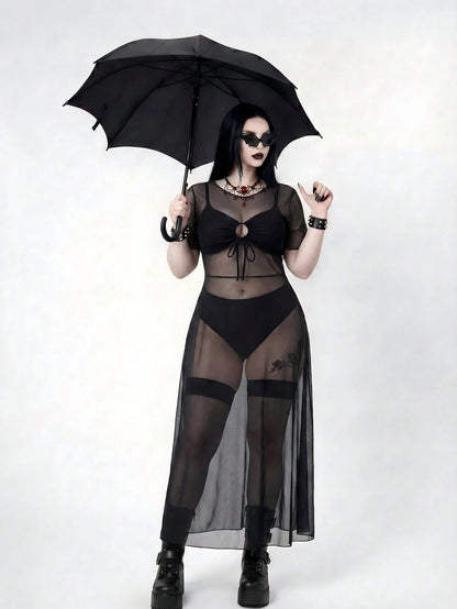 ROMWE Goth Plus Size Women Swimsuit Cover Up Mesh Tunic Dress, Long Sleeve Maxi Dress For Beach Party, Pool, Vacation Summer Sexy