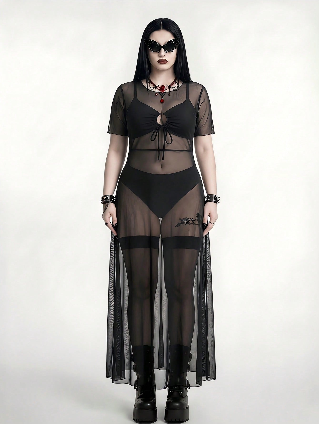 ROMWE Goth Plus Size Women Swimsuit Cover Up Mesh Tunic Dress, Long Sleeve Maxi Dress For Beach Party, Pool, Vacation Summer Sexy