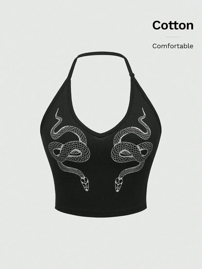 ROMWE Goth Snake Printed Neck Hanging Lady's Bodycon Waist Cinched Camisole