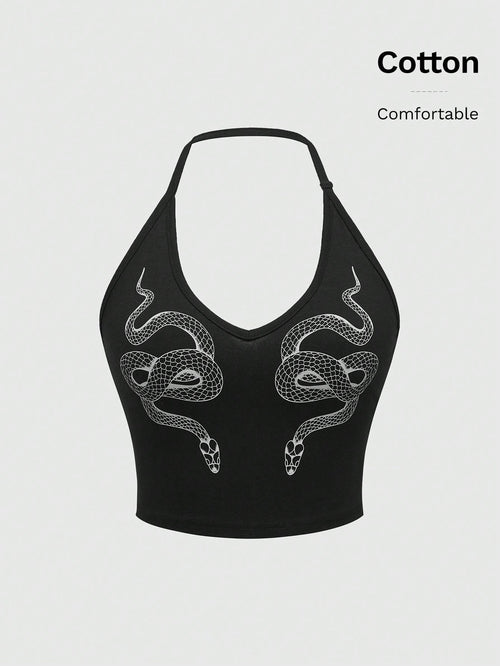 ROMWE Goth Snake Printed Neck Hanging Lady's Bodycon Waist Cinched Camisole