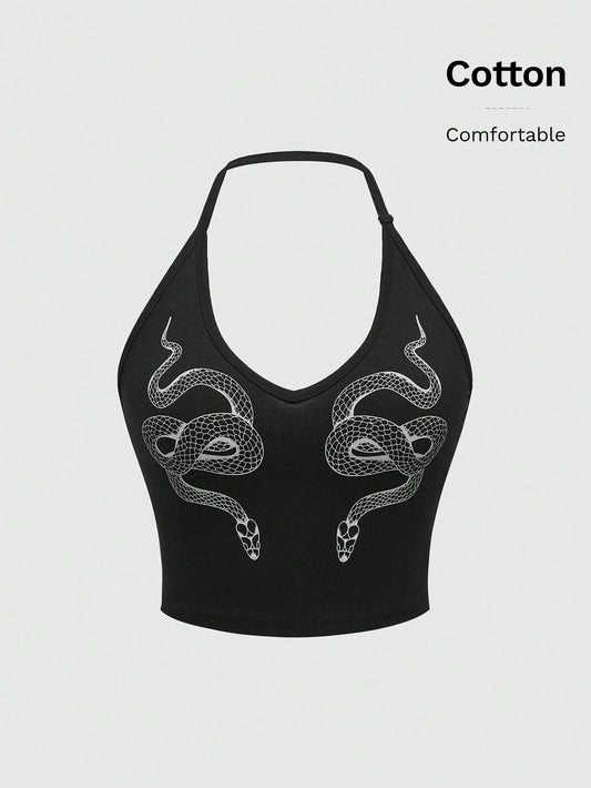 ROMWE Goth Snake Printed Neck Hanging Lady's Bodycon Waist Cinched Camisole