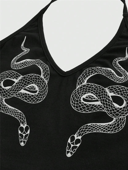 ROMWE Goth Snake Printed Neck Hanging Lady's Bodycon Waist Cinched Camisole