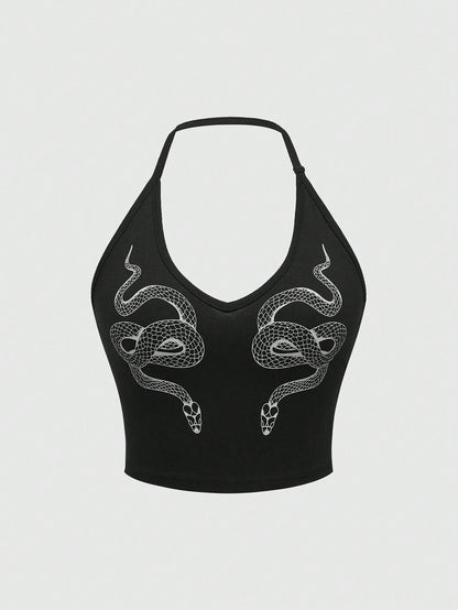 ROMWE Goth Snake Printed Neck Hanging Lady's Bodycon Waist Cinched Camisole