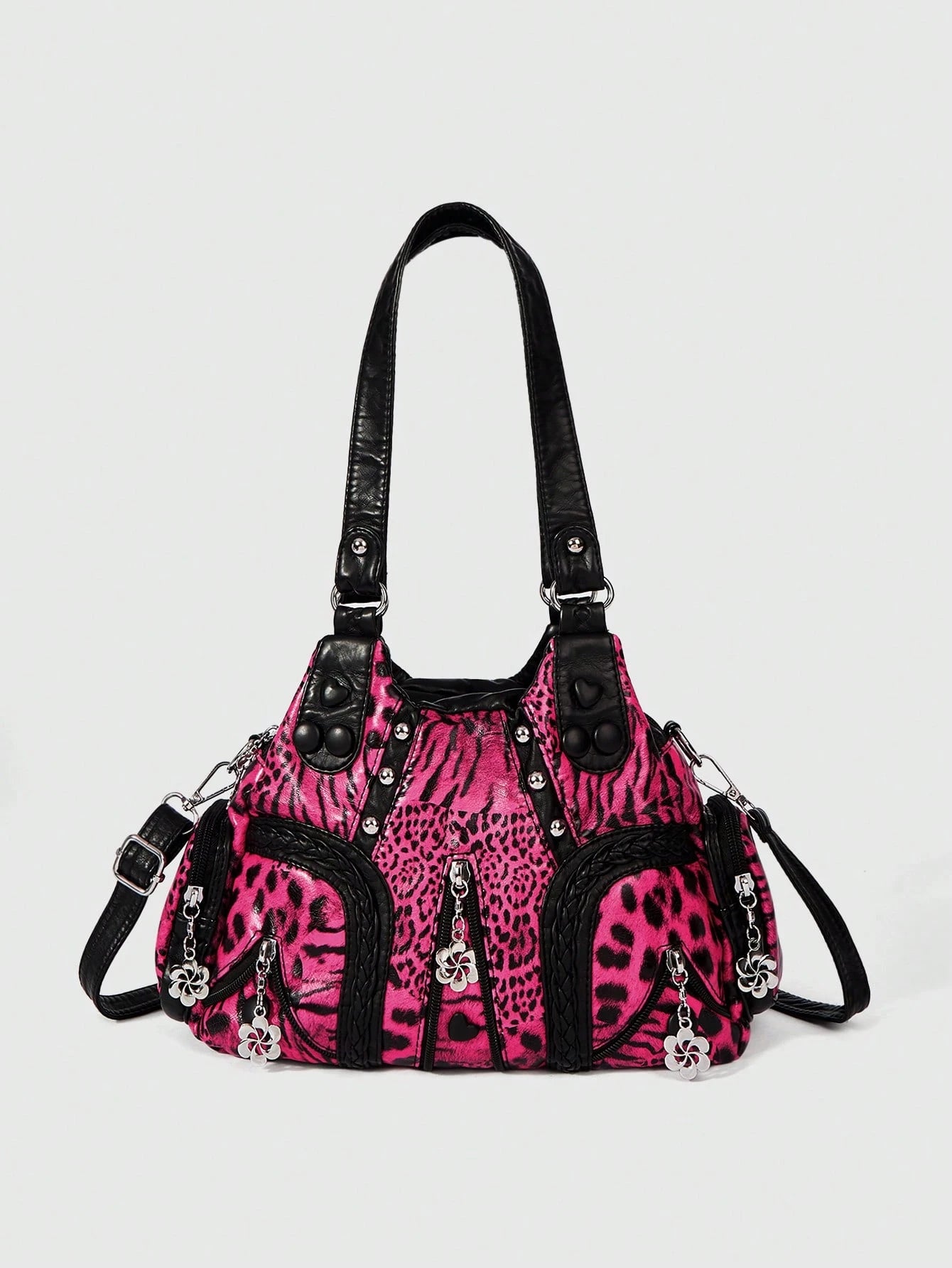 ROMWE Grunge Punk Fashion Women's Shoulder Bag Punk Leopard Print Women's Bag Women's Tote Bag Locomotive Hot Girl Bag Crossbody Women's Bag Commuter Women's Bag,Pink Bag