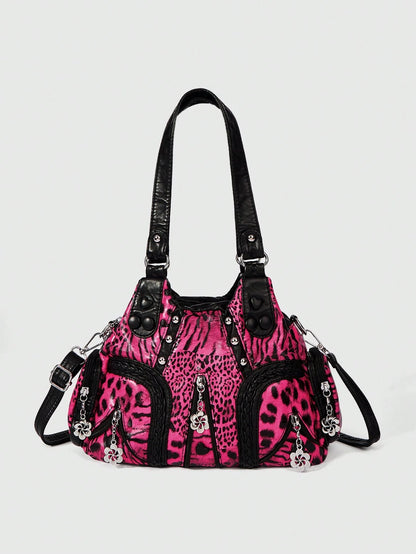 ROMWE Grunge Punk Fashion Women's Shoulder Bag Punk Leopard Print Women's Bag Women's Tote Bag Locomotive Hot Girl Bag Crossbody Women's Bag Commuter Women's Bag,Pink Bag