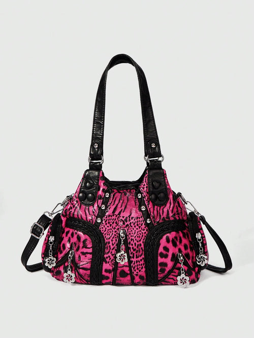 ROMWE Grunge Punk Fashion Women's Shoulder Bag Punk Leopard Print Women's Bag Women's Tote Bag Locomotive Hot Girl Bag Crossbody Women's Bag Commuter Women's Bag,Pink Bag