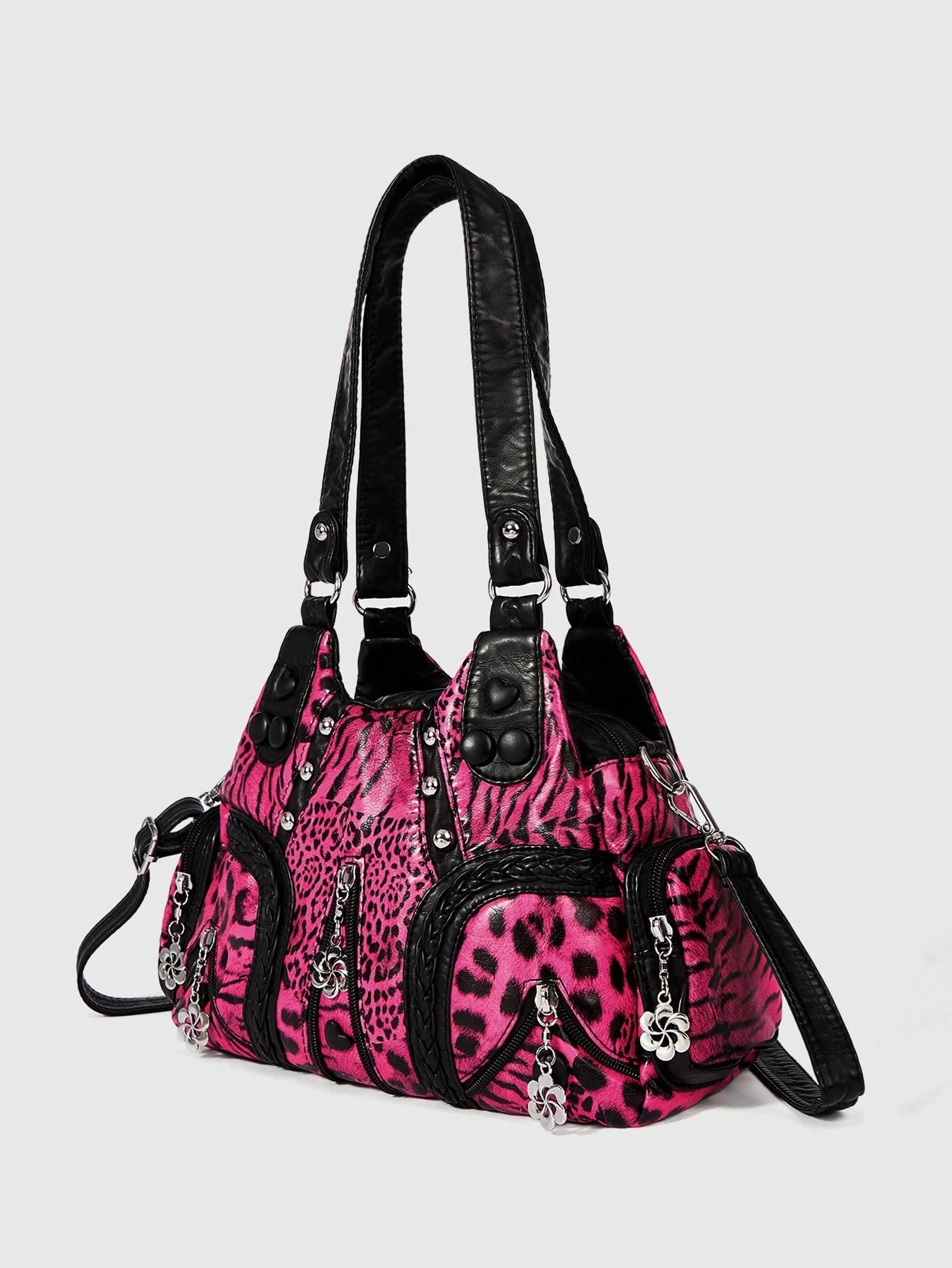 ROMWE Grunge Punk Fashion Women's Shoulder Bag Punk Leopard Print Women's Bag Women's Tote Bag Locomotive Hot Girl Bag Crossbody Women's Bag Commuter Women's Bag,Pink Bag