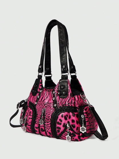 ROMWE Grunge Punk Fashion Women's Shoulder Bag Punk Leopard Print Women's Bag Women's Tote Bag Locomotive Hot Girl Bag Crossbody Women's Bag Commuter Women's Bag,Pink Bag