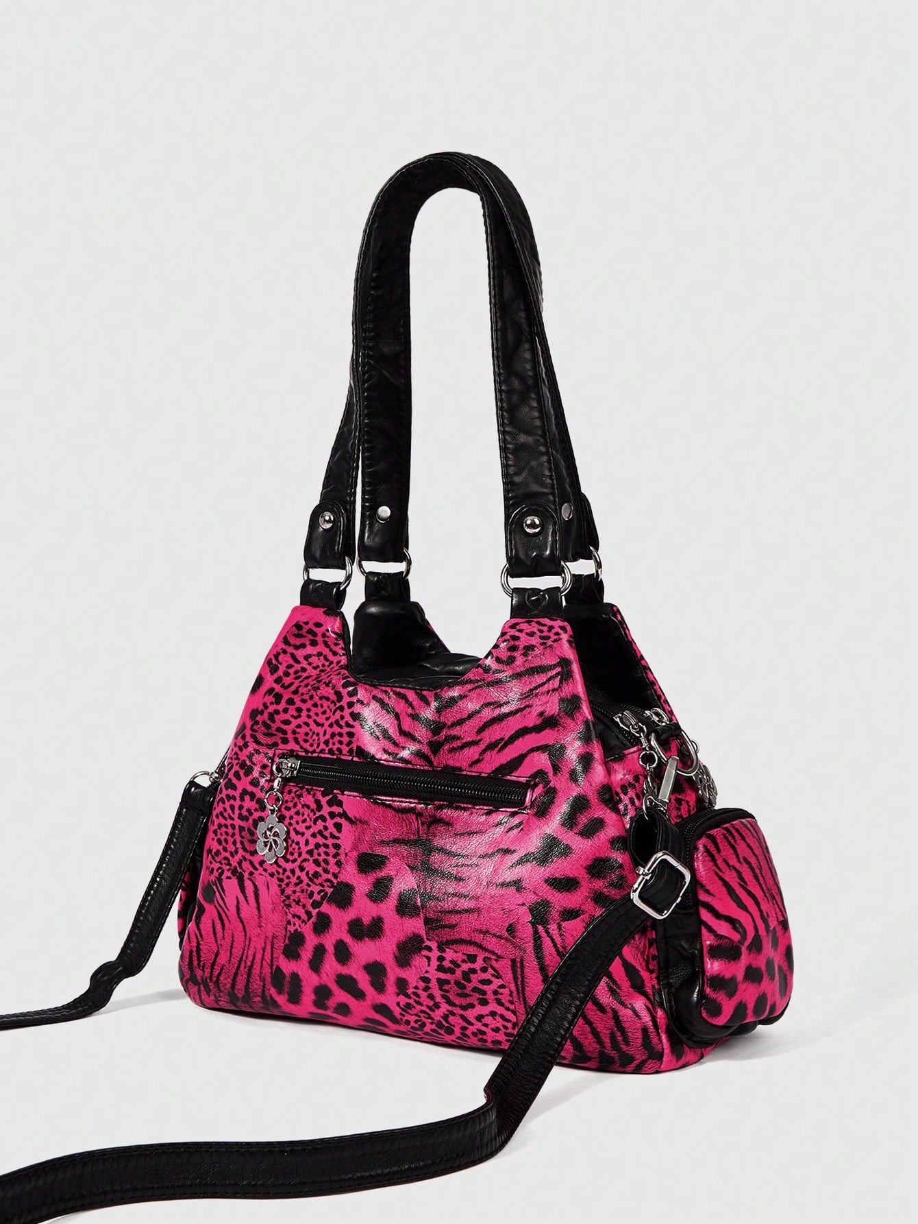 ROMWE Grunge Punk Fashion Women's Shoulder Bag Punk Leopard Print Women's Bag Women's Tote Bag Locomotive Hot Girl Bag Crossbody Women's Bag Commuter Women's Bag,Pink Bag