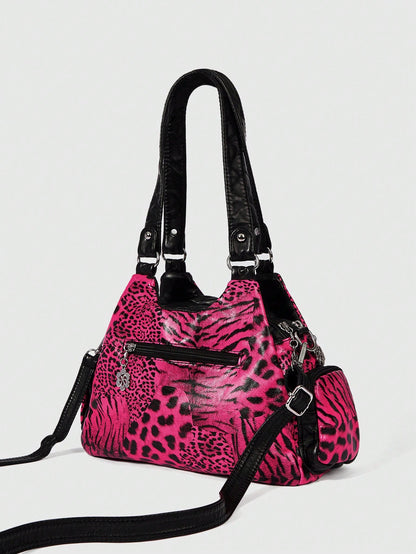 ROMWE Grunge Punk Fashion Women's Shoulder Bag Punk Leopard Print Women's Bag Women's Tote Bag Locomotive Hot Girl Bag Crossbody Women's Bag Commuter Women's Bag,Pink Bag