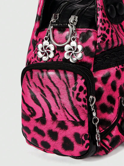 ROMWE Grunge Punk Fashion Women's Shoulder Bag Punk Leopard Print Women's Bag Women's Tote Bag Locomotive Hot Girl Bag Crossbody Women's Bag Commuter Women's Bag,Pink Bag