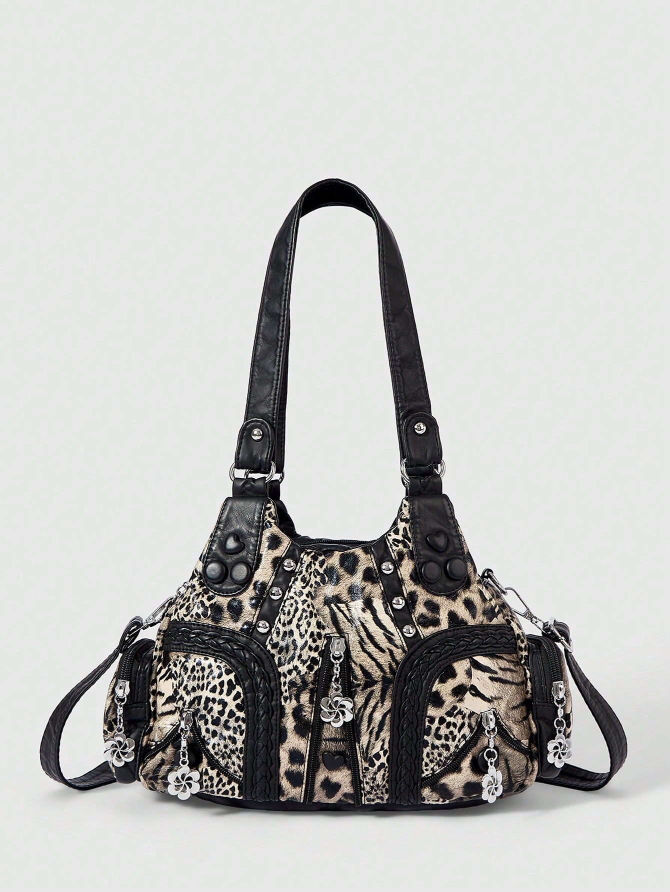 ROMWE Grunge Punk Fashion Women's Shoulder Bag Punk Leopard Print Women's Bag Women's Tote Bag Locomotive Hot Girl Bag Crossbody Women's Bag Commuter Women's Bag,Pink Bag