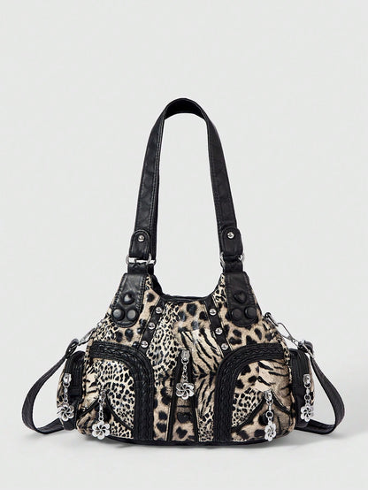 ROMWE Grunge Punk Fashion Women's Shoulder Bag Punk Leopard Print Women's Bag Women's Tote Bag Locomotive Hot Girl Bag Crossbody Women's Bag Commuter Women's Bag,Pink Bag