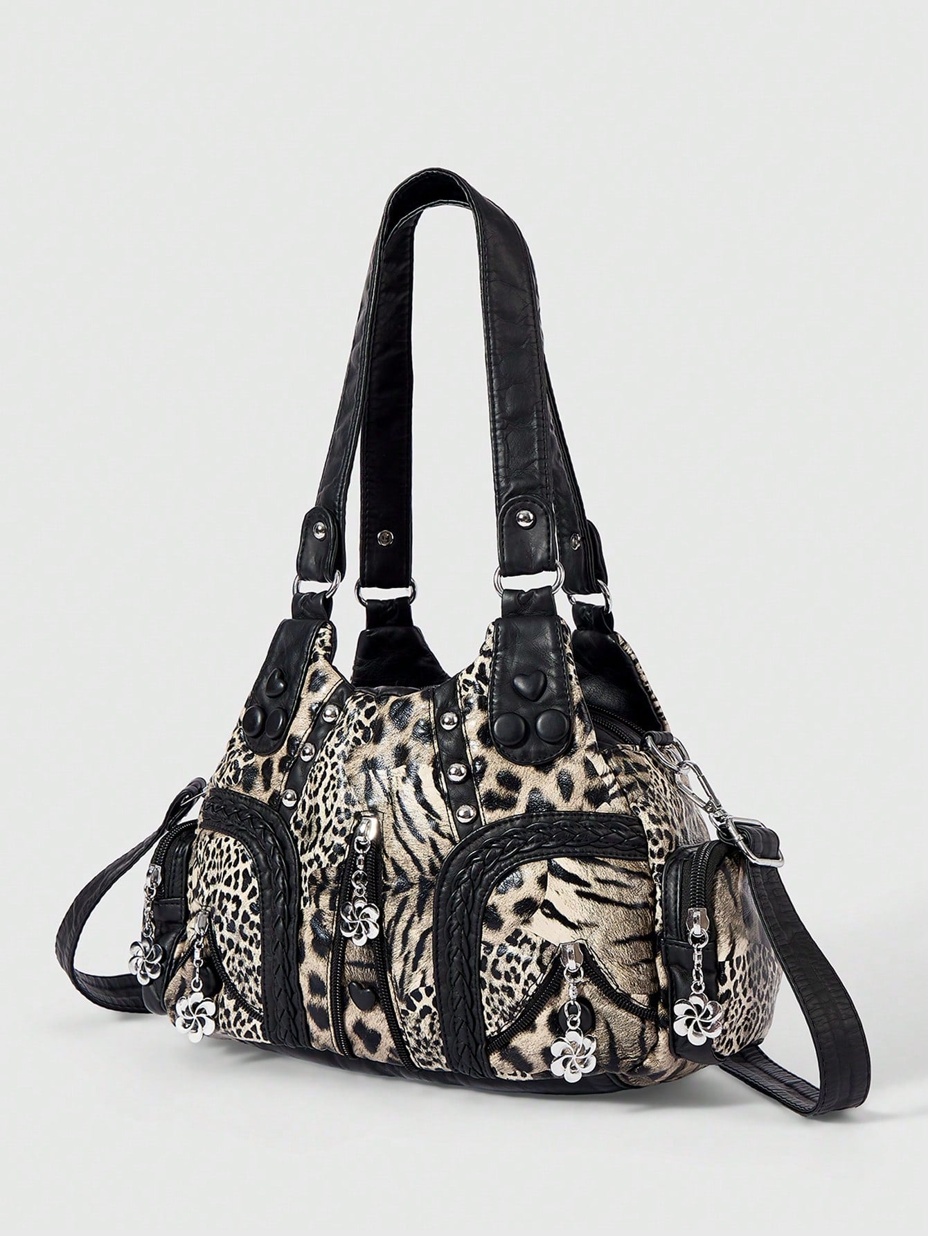 ROMWE Grunge Punk Fashion Women's Shoulder Bag Punk Leopard Print Women's Bag Women's Tote Bag Locomotive Hot Girl Bag Crossbody Women's Bag Commuter Women's Bag,Pink Bag