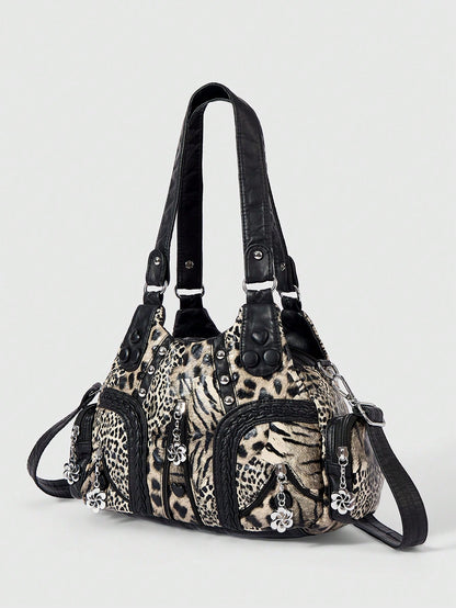 ROMWE Grunge Punk Fashion Women's Shoulder Bag Punk Leopard Print Women's Bag Women's Tote Bag Locomotive Hot Girl Bag Crossbody Women's Bag Commuter Women's Bag,Pink Bag