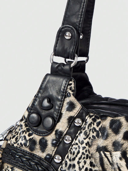 ROMWE Grunge Punk Fashion Women's Shoulder Bag Punk Leopard Print Women's Bag Women's Tote Bag Locomotive Hot Girl Bag Crossbody Women's Bag Commuter Women's Bag,Pink Bag