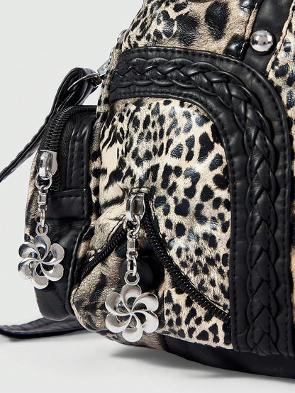ROMWE Grunge Punk Fashion Women's Shoulder Bag Punk Leopard Print Women's Bag Women's Tote Bag Locomotive Hot Girl Bag Crossbody Women's Bag Commuter Women's Bag,Pink Bag