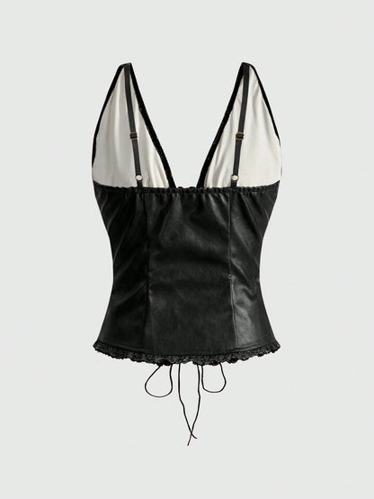 ROMWE Grunge Punk Spring/Summer Carnival Party Y2K Sexy Metallic Lace-Up PU Patchwork Crop Top For Women
