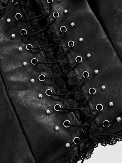 ROMWE Grunge Punk Spring/Summer Carnival Party Y2K Sexy Metallic Lace-Up PU Patchwork Crop Top For Women