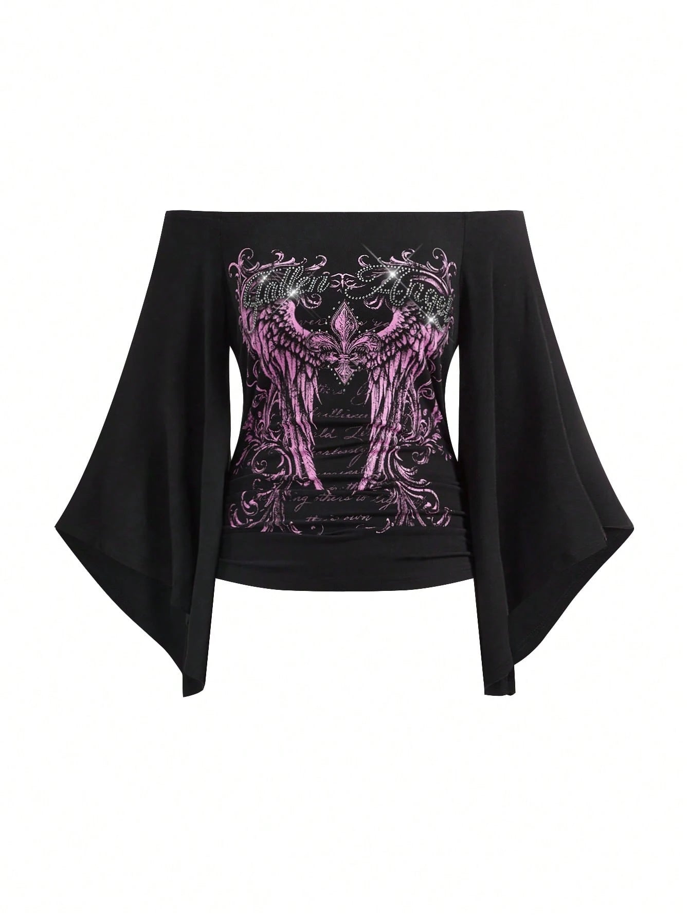 ROMWE Grunge Punk Spring/Summer Plus Size Women Gothic Iris Floral Wing Rhinestone Letter Print Plaid Asymmetrical Sleeve Blouse, Off Shoulder Top Fall