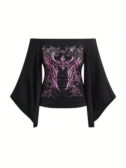 ROMWE Grunge Punk Spring/Summer Plus Size Women Gothic Iris Floral Wing Rhinestone Letter Print Plaid Asymmetrical Sleeve Blouse, Off Shoulder Top Fall