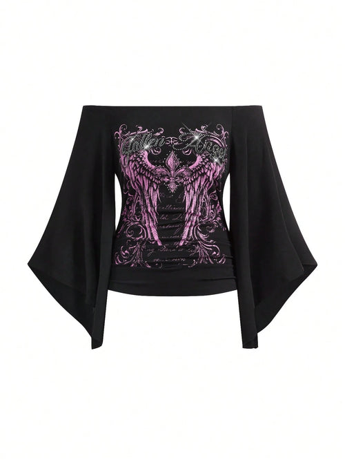 ROMWE Grunge Punk Spring/Summer Plus Size Women Gothic Iris Floral Wing Rhinestone Letter Print Plaid Asymmetrical Sleeve Blouse, Off Shoulder Top Fall