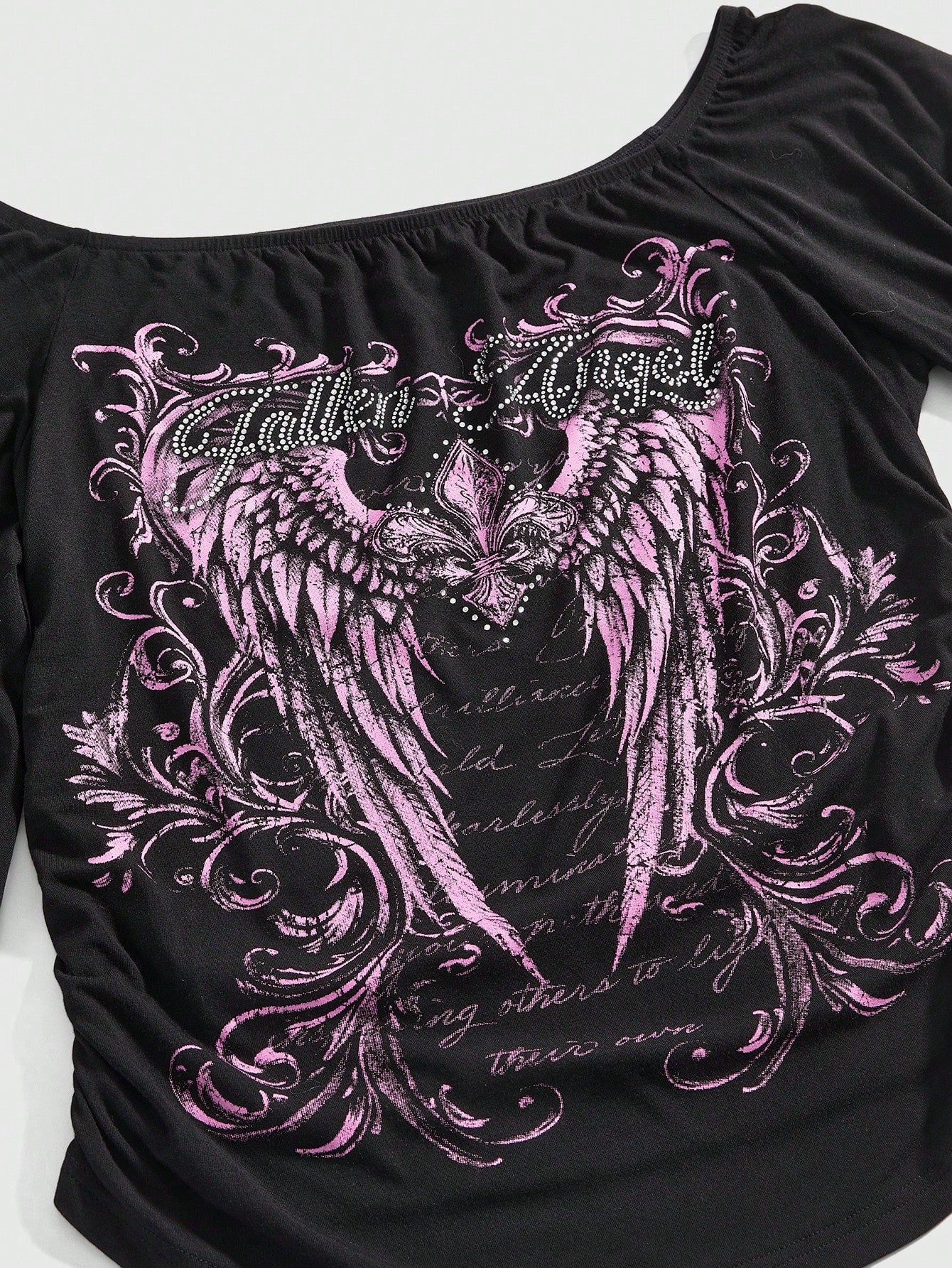 ROMWE Grunge Punk Spring/Summer Plus Size Women Gothic Iris Floral Wing Rhinestone Letter Print Plaid Asymmetrical Sleeve Blouse, Off Shoulder Top Fall