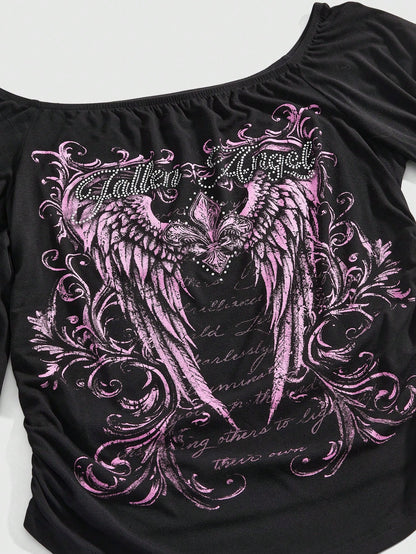 ROMWE Grunge Punk Spring/Summer Plus Size Women Gothic Iris Floral Wing Rhinestone Letter Print Plaid Asymmetrical Sleeve Blouse, Off Shoulder Top Fall