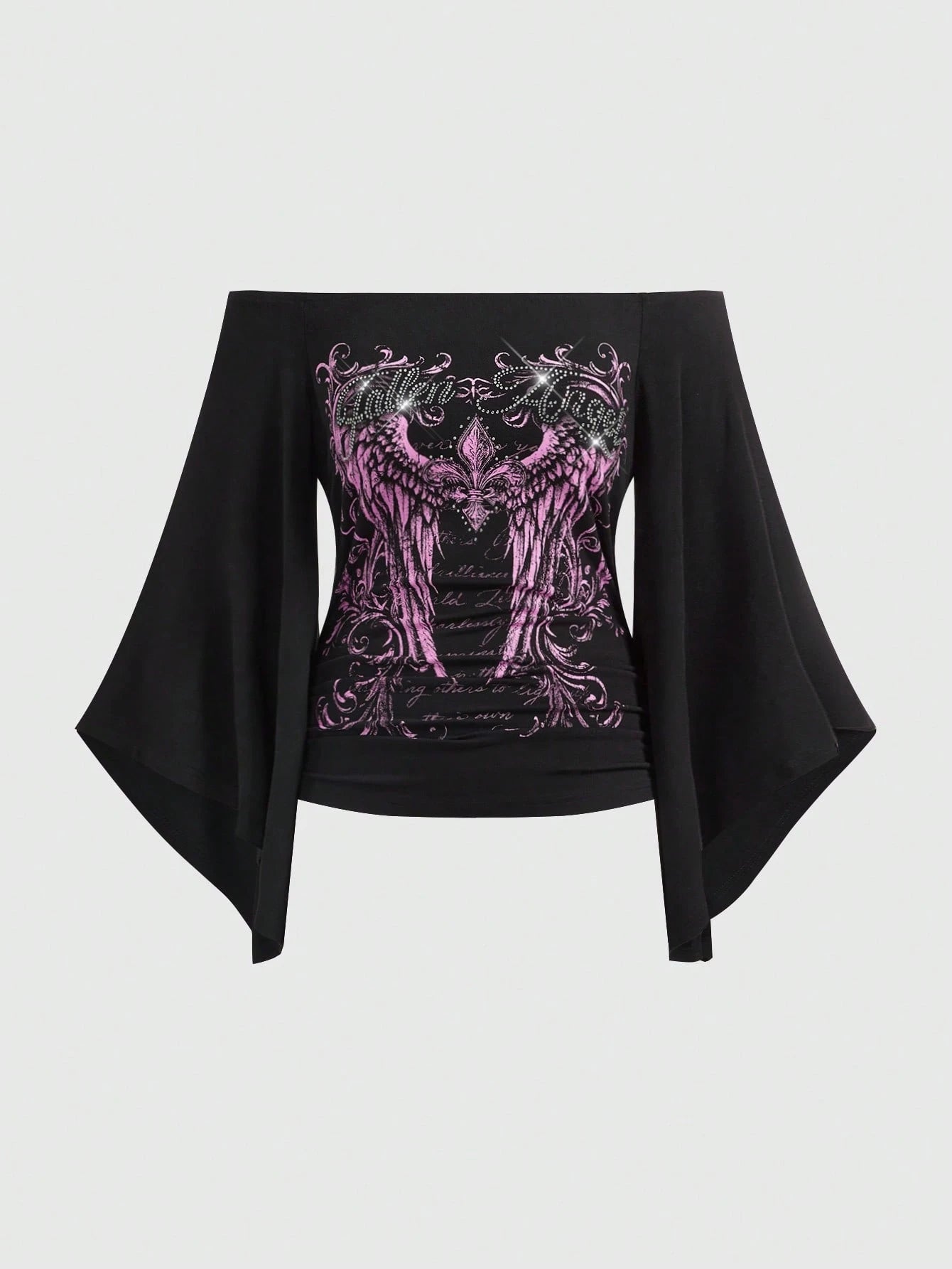 ROMWE Grunge Punk Spring/Summer Plus Size Women Gothic Iris Floral Wing Rhinestone Letter Print Plaid Asymmetrical Sleeve Blouse, Off Shoulder Top Fall