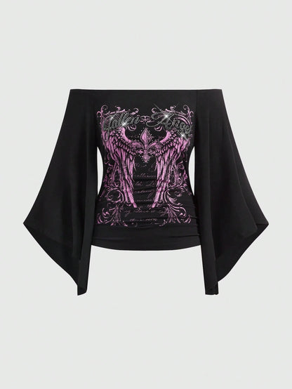 ROMWE Grunge Punk Spring/Summer Plus Size Women Gothic Iris Floral Wing Rhinestone Letter Print Plaid Asymmetrical Sleeve Blouse, Off Shoulder Top Fall