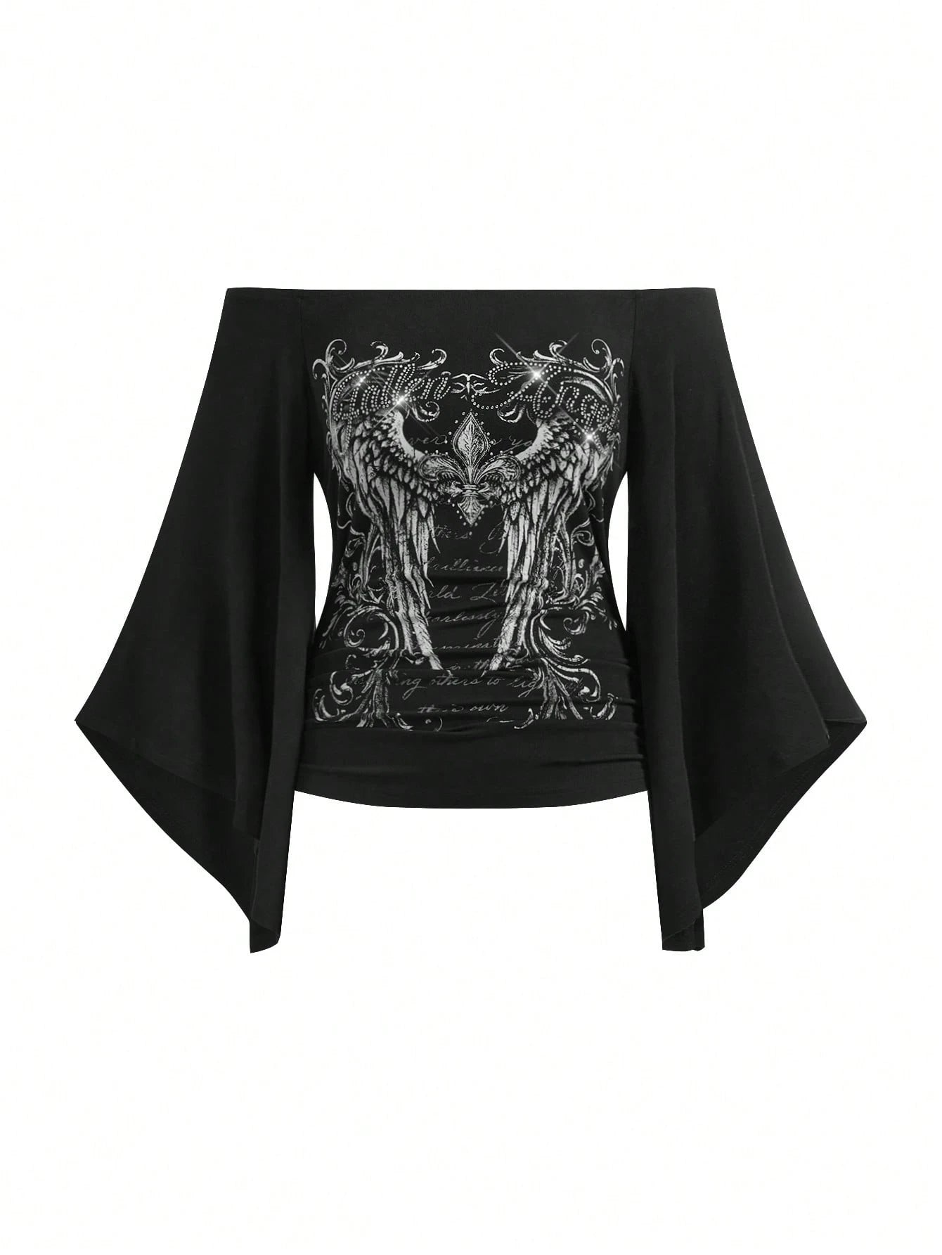 ROMWE Grunge Punk Spring/Summer Plus Size Women Gothic Iris Floral Wing Rhinestone Letter Print Plaid Asymmetrical Sleeve Blouse, Off Shoulder Top Fall