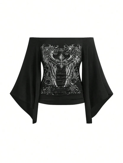 ROMWE Grunge Punk Spring/Summer Plus Size Women Gothic Iris Floral Wing Rhinestone Letter Print Plaid Asymmetrical Sleeve Blouse, Off Shoulder Top Fall