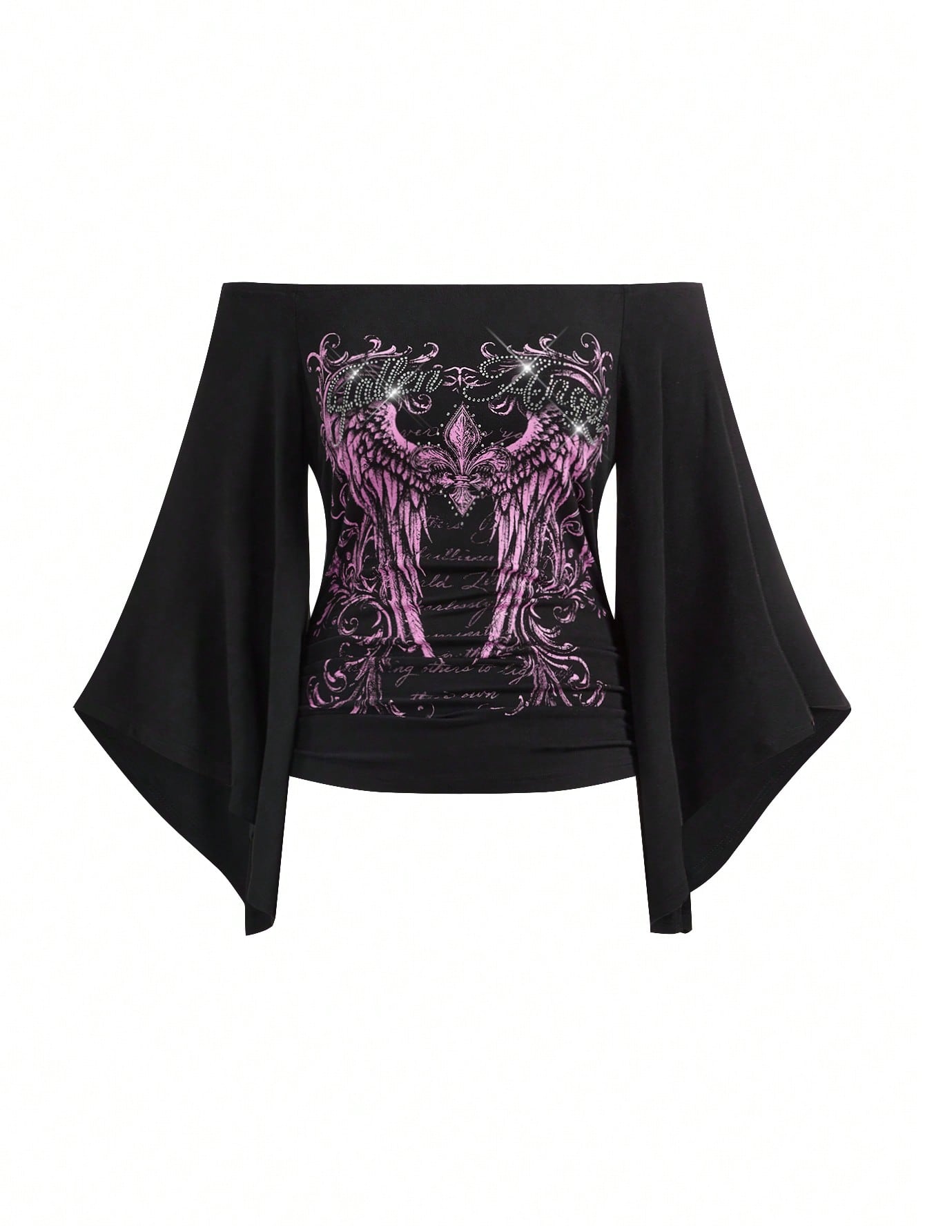 ROMWE Grunge Punk Spring/Summer Plus Size Women Gothic Iris Floral Wing Rhinestone Letter Print Plaid Asymmetrical Sleeve Blouse, Off Shoulder Top Fall