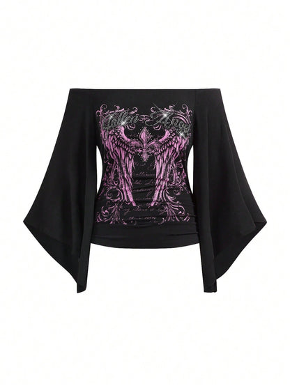 ROMWE Grunge Punk Spring/Summer Plus Size Women Gothic Iris Floral Wing Rhinestone Letter Print Plaid Asymmetrical Sleeve Blouse, Off Shoulder Top Fall