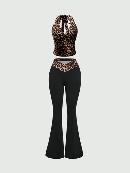 ROMWE Grunge Punk Y2K Leopard Print Halter Neck Tank Top For Women