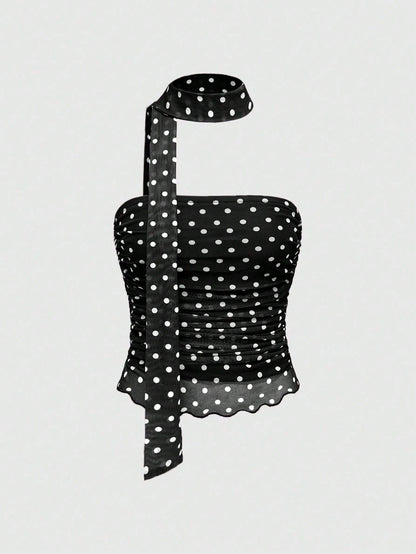 ROMWE J-Fashion Spring/Summer Valentine's Day Women's Polka Dot Printed Ruched Halter Tank Top