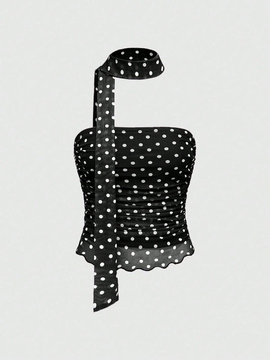 ROMWE J-Fashion Spring/Summer Valentine's Day Women's Polka Dot Printed Ruched Halter Tank Top